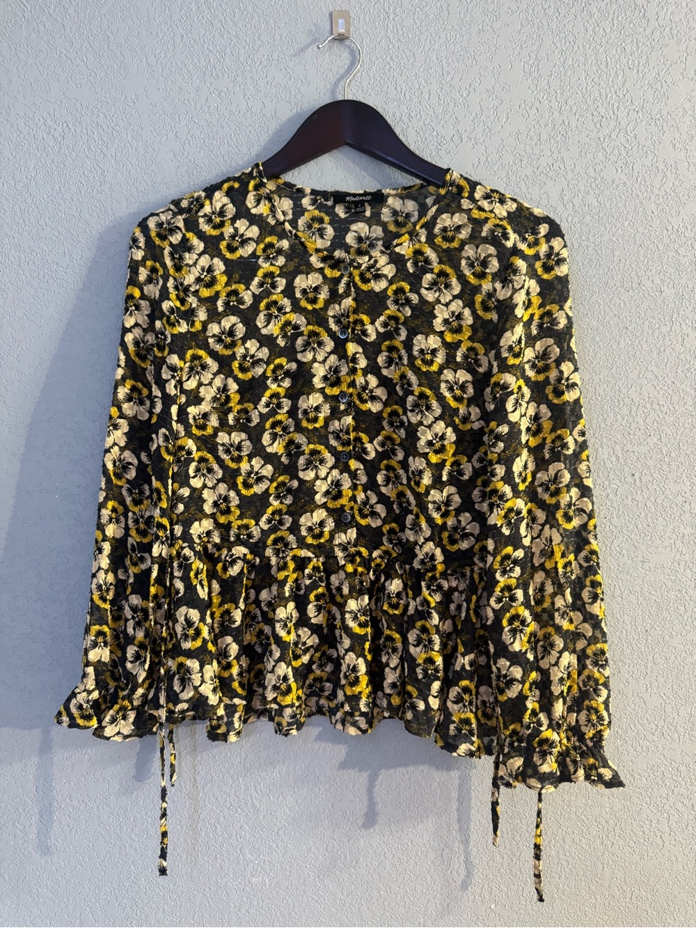 Madewell Floral Peplum Long-Sleeve Top - Black & Yellow